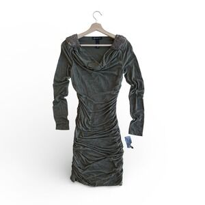 INC Ruched Camo Dress M Utility Chic Olive Green Beaded Cowl Neck Midi Dress